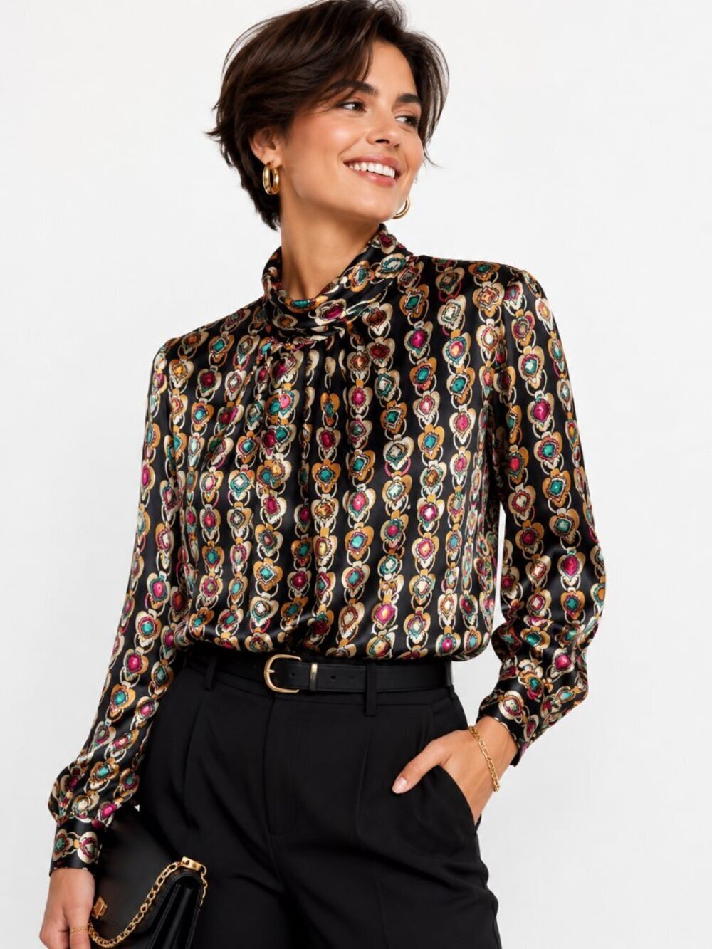 Vintage Marlis Multicolor Print Cowl Neck Satin Blouse